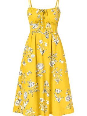 Women's Floral Corset Spaghetti Strap Midi Sundress, YELLOW, Size MEDIUM